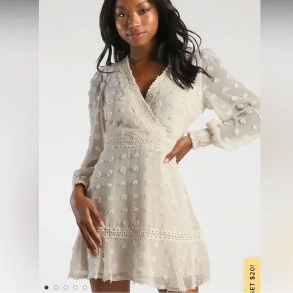 7•NWT Lulus | Might Be Magic | Ivory Clip Dot Long Sleeve Mini Dress | Large - Picture 1 of 12